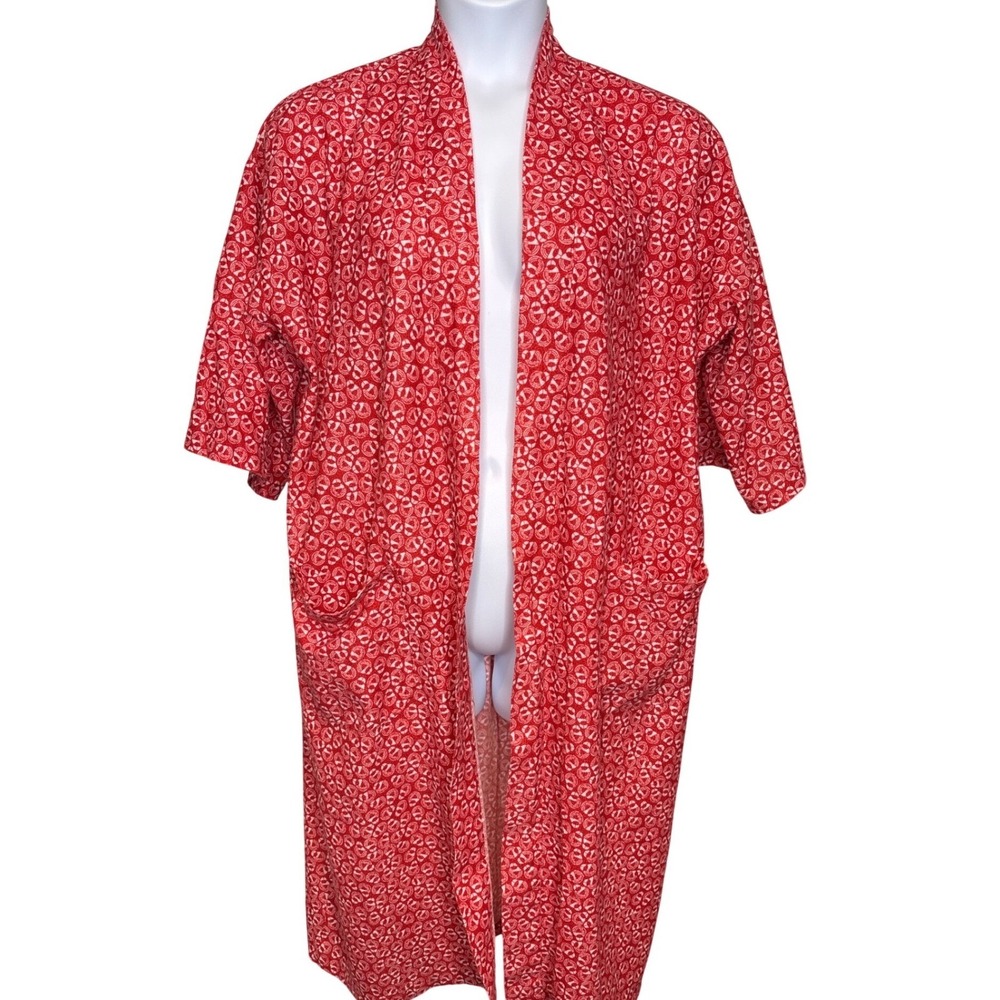 Vintage Bill Blass Red White Geometric Print Kimono Duster Open Front One Size